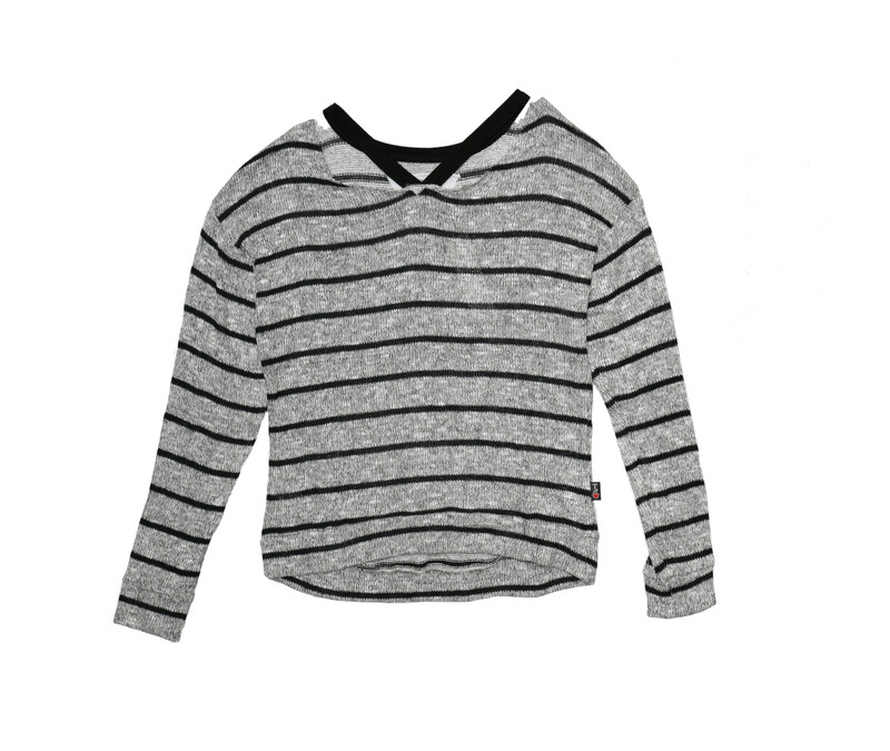 GREY STRIPES LONG SLEEVE SWEATER KNOT DOUBLE V NECK TOP