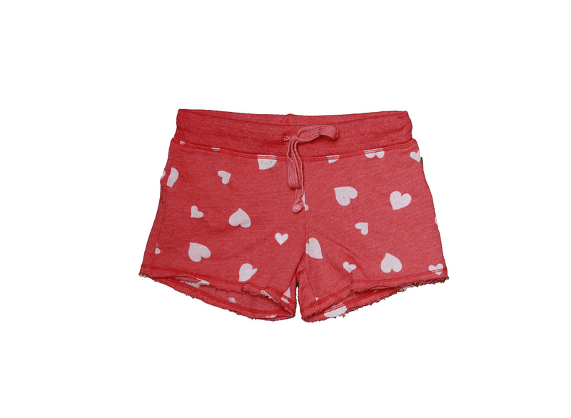 V RED BURNOUT HEARTS PRINT RAW SHORTS WITH BACK POCKET