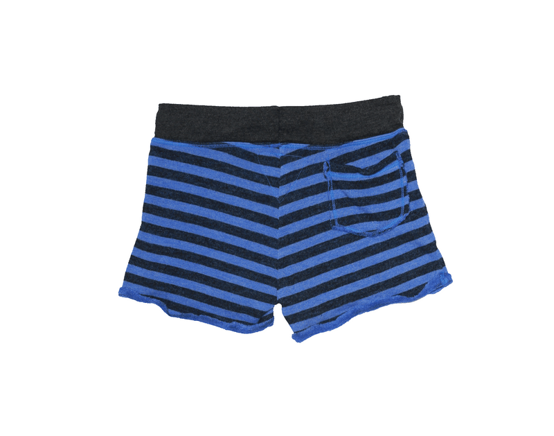 R BLUE CHARCOAL STRIPE SHORTS WITH RAW EDGE - BACK VIEW