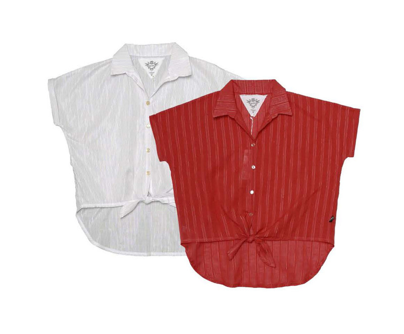 WHITE V. RED SHORT SLEEVE BUTTON FRONT WIDE SHIRT