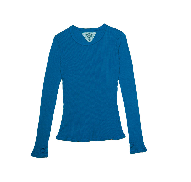 T BLUE LONG SLEEVE THERMAL MODAL LYCRA CREW TOP WITH THUMBHOLE