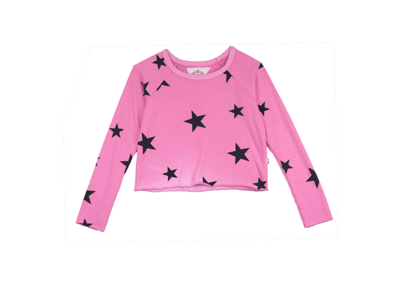 BRIGHT PINK BLACK STAR PRINT LONG SLEEVE CREW TOP