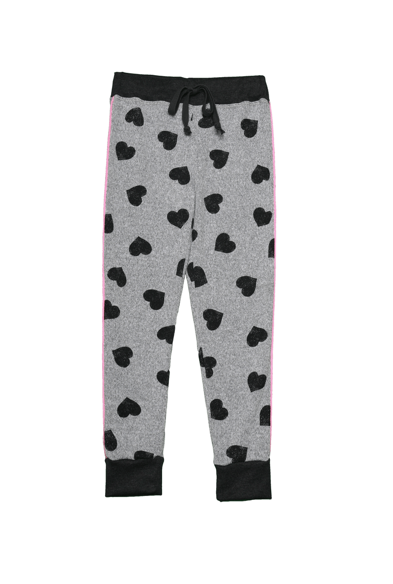 BLACK HEART PRINT TIGHT FIT CUFF SWEAT PANTS WITH PINK PIPPING