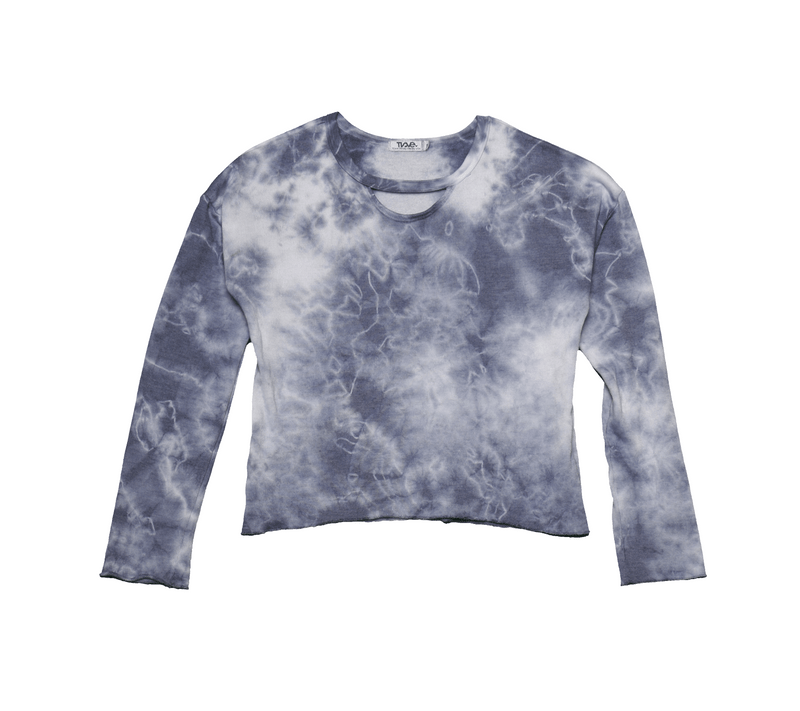 NAVY TIE DYE LOGN SLEEVE CREW WITH KEYHOLE FRONT