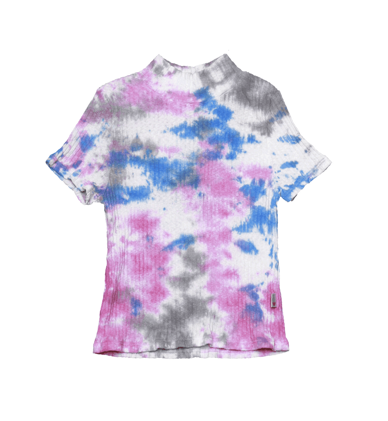 BLUE GREY PINK TIE DYE SHORT SLEEVE MOCK NECK TOP