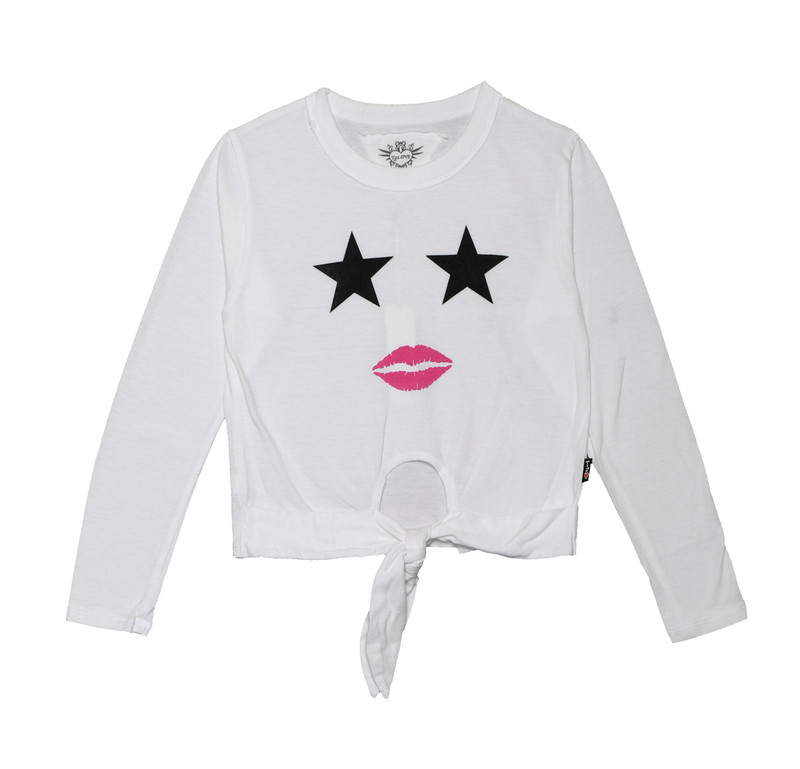 GIRLS BLACK STAR PRINT LONG SLEEVE KEYHOLE TIE FRONT TOP