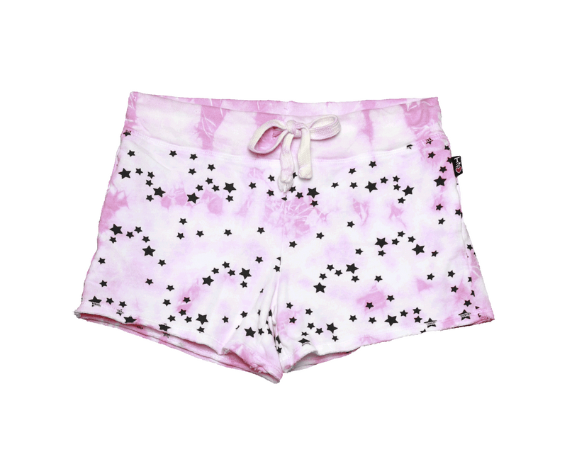 PINK TIE DYE MINI STAR RAW SHORTS WITH BACK POCKET