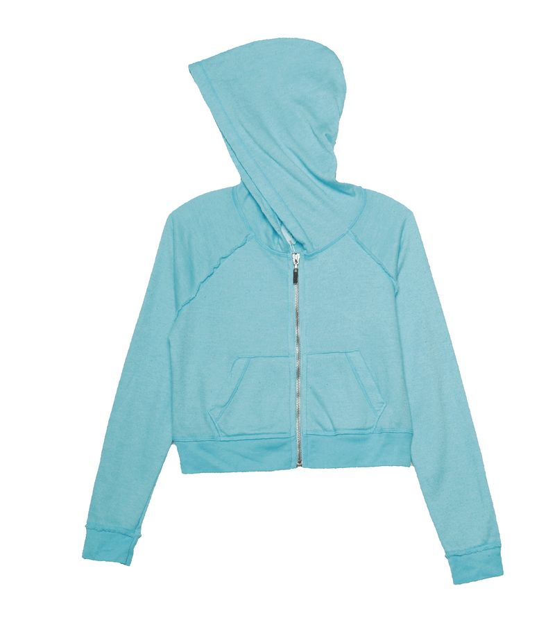 TURQ HEATHER LONG SLEEVE CROP HOODED ZIPPER JACKET