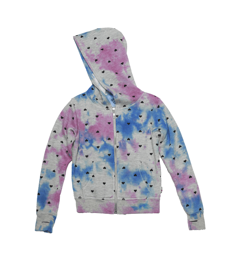 BGP (BLUE GREY PINK) GREY HEATHER TIE DYE WITH MINI HEARTS LONG SLEEVE HOODED ZIPPER JACKET WITH THUMBHOLE