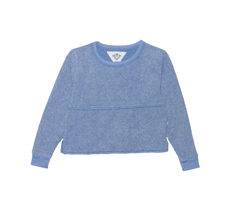 RIVER BLUE HEATHER LONG SLEEVE WIDE CREW WITH SLITS