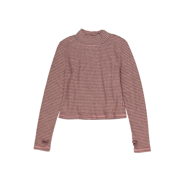 D BLUSH MOCHA GREY STRIPES LONG SLEEVE MOCK-NECK WITH THUMBHOLE TOP