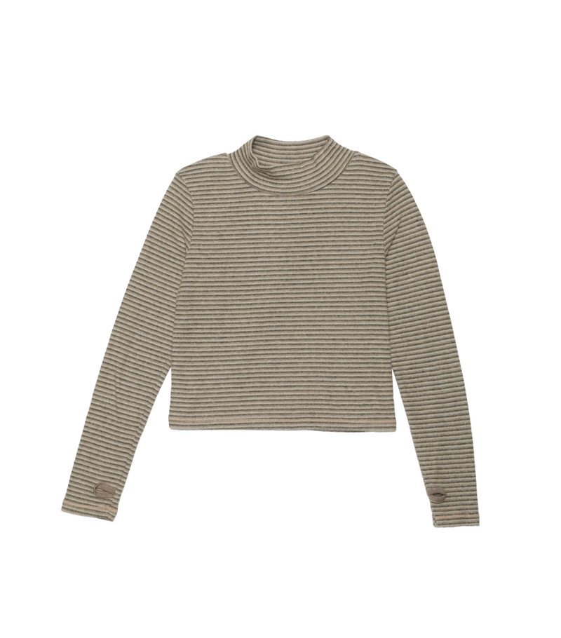 MOCHA GREY STRIPES LONG SLEEVE MOCK-NECK WITH THUMBHOLE TOP