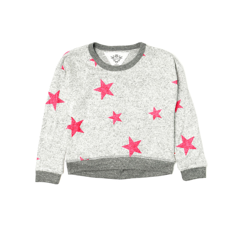 HEATHER GREY PINK STARS LONG SLEEVE TOP WITH CONTRAST TRIM