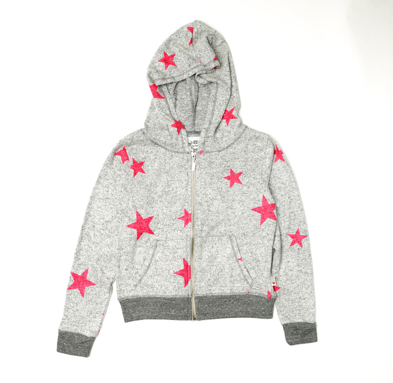 GREY HEATHER PINK STARS HACCI LONG SLEEVE HOODED ZIPPER JACKET