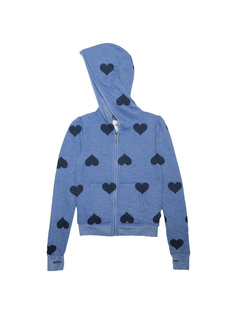 RIVER BLUE BLACK HEART PRINT LONG SLEEVE HOODED ZIPPER JACKET WITH THUMBHOLES