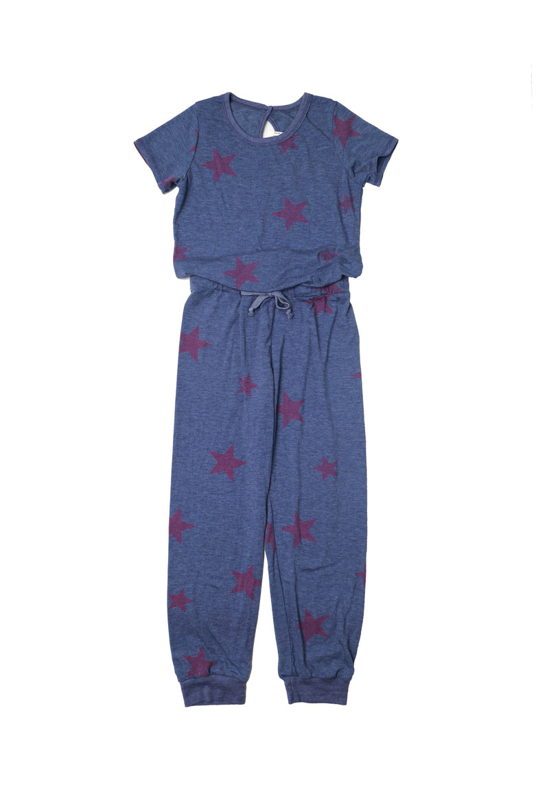 FOLK BLUE, PINK STARS SHORT SLEEVE CREW JUMPSUIT