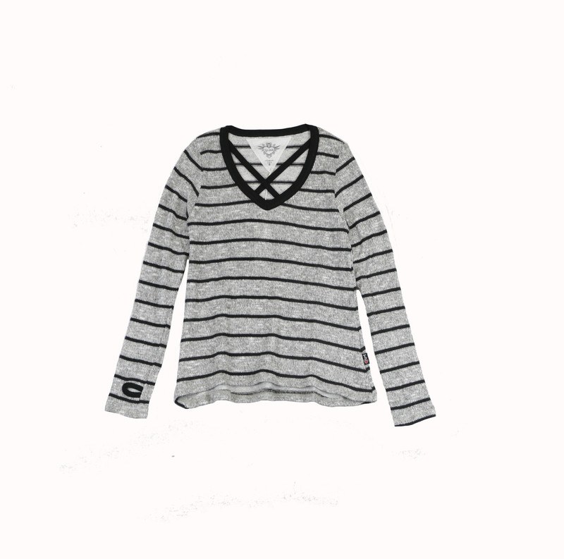 GREY WITH BLACK STRIPES LONG SLEEVE DOUBLE CROSS V NECK TOP