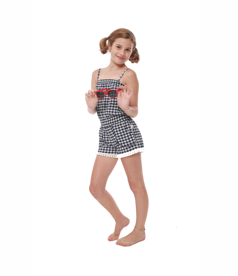 NAVY GINGHAM SEERSUCKER LYCRA TUBE ROMPER WITH POMPOM TRIMS