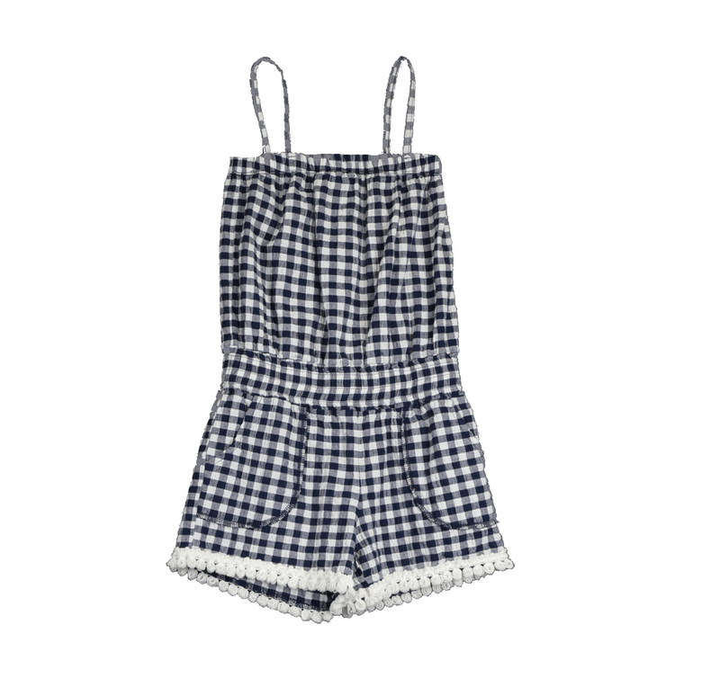 NAVY GINGHAM SEERSUCKER LYCRA TUBE ROMPER WITH POMPOM TRIMS