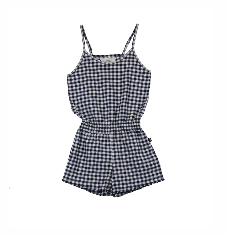 NAVY GINGHAM CAMI ROMPER WITH RAW EDGE BOTTOM