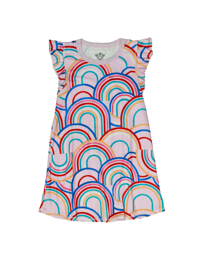 MULTI-RAINBOWS PRINT RUFFLE SLEEVE SHORT DRESS