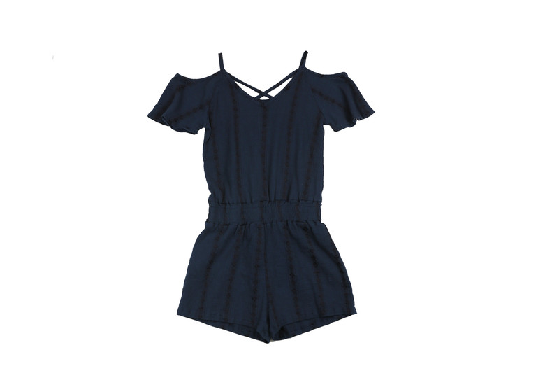 INDIGO RAYON EMBROIDERY GAUZE COLD SHOULDER ROMPER