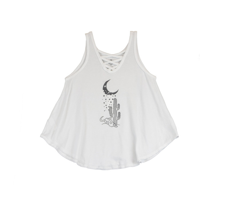 WHITE STARRY NIGHT SCREEN PRINT LACE FRONT SWING TANK 