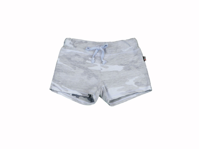 CHAMBRAY CAMO PRINT RAW SHORTS WITH BACK POCKET