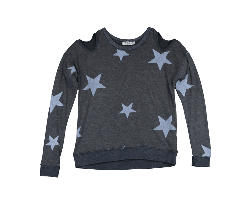 NAVY WHITE STARS PRINT LONG SLEEVE CREW WITH CUT SHOULDERS