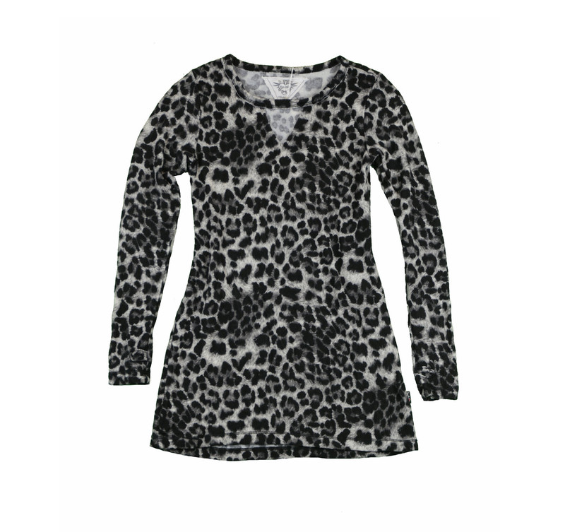 LEOPARD PRINT LONG SLEEVE CREW CUT V DRESS WITH THUMBHOLES