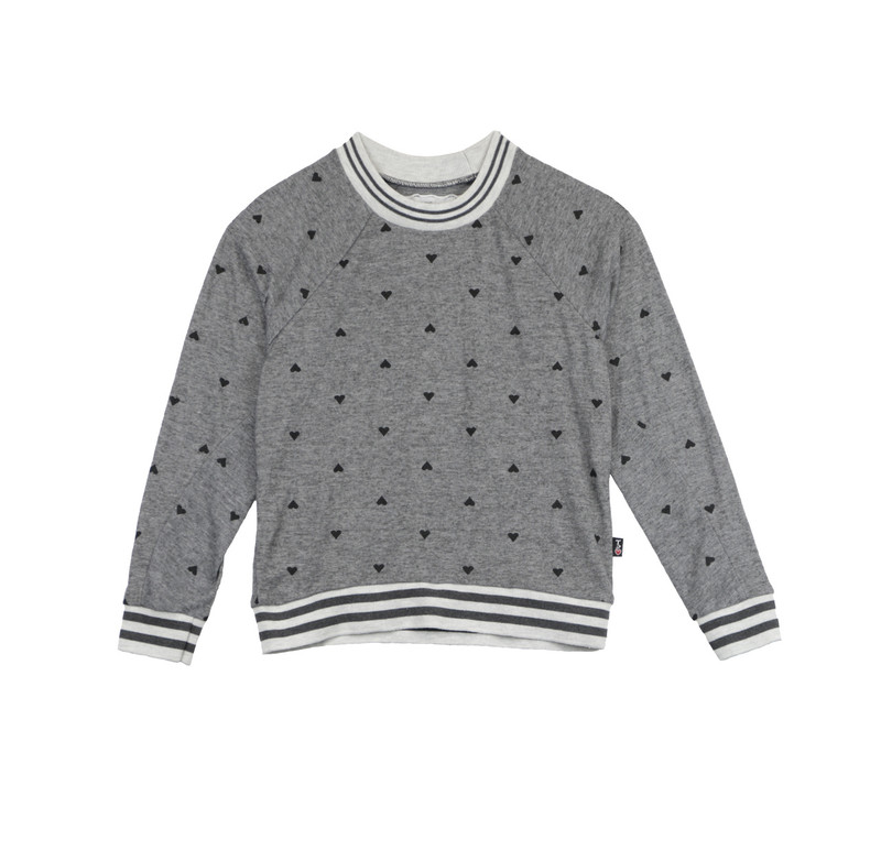 CHARCOAL SMALL HEARTS PRINT LONG SLEEVE CREW WITH STRIPE BAND