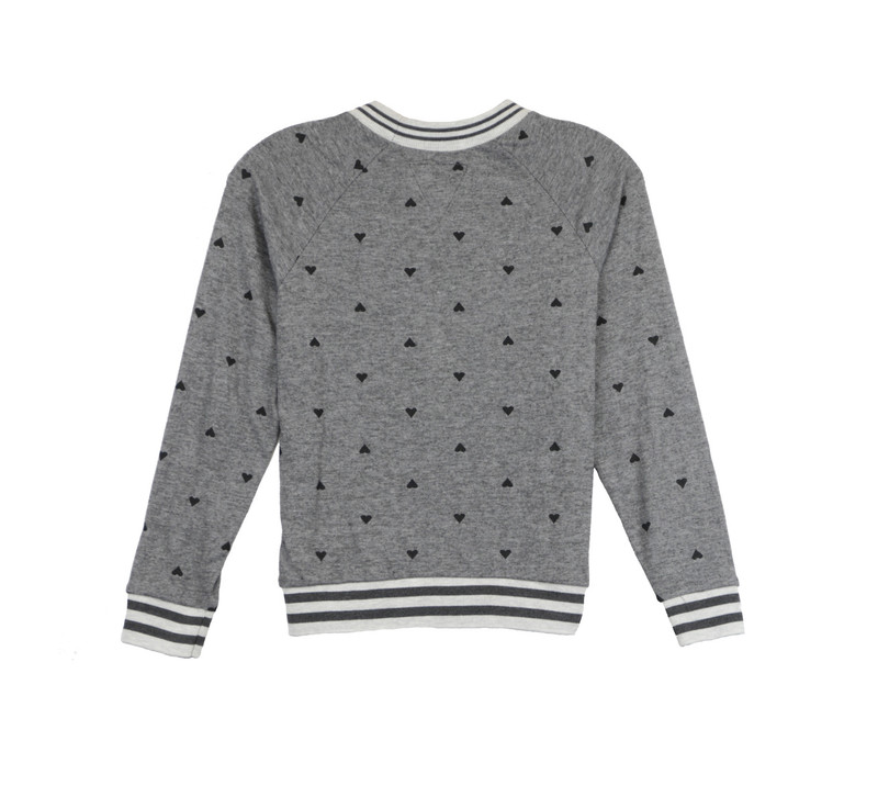 CHARCOAL SMALL HEARTS PRINT LONG SLEEVE CREW WITH STRIPE BAND - BACKVIEW