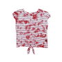 RED TIE DYE OVER STRIPES RAW EDGE SHORT SLEEVE TOP WITH TIE FRONT