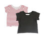 WHITE AND BLACK WITH RED STRIPE PRINT JERSEY COTTON RAYON SHORT SLEEVE WIDE TEE WITH DISTRESSED HOLES