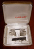 Funky Late 1950s Rhodium-Plated Cuff Link & Tie Bar Set in Box