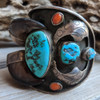 Incredible Over-The-Top 60s-70s Zuni Silver Kingman Turquoise Coral & Bear Claw Bracelet by Joe Zia