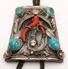 Fantastic Huge 1950s-1960s Zuni Silver Coral & Cerrillos Turquoise Bolo Tie w Snake by OTHO