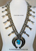 Great Large Heavy Circa Early 1960’s Navajo Silver & Tyrone Turquoise Old Pawn Squash Blossom Necklace