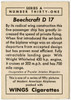 1940 Wings Cigarettes Card Series A #31 (Beechcraft D17) of  Set T87 in Near Mint Condition