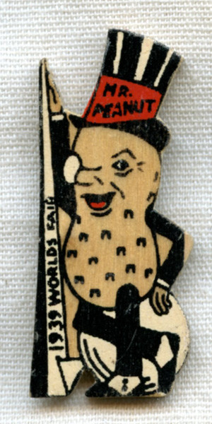 1939-40 World's Fair Lucky Mr. Peanut Planters Pin on Original Card