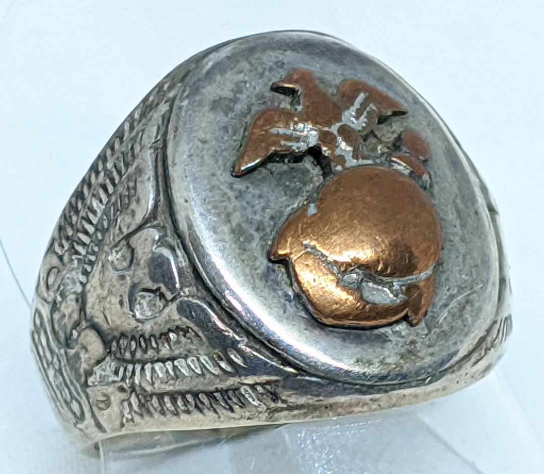 Great Salty WWI USMC Ring with Sterling & Bronze. Size 8.5