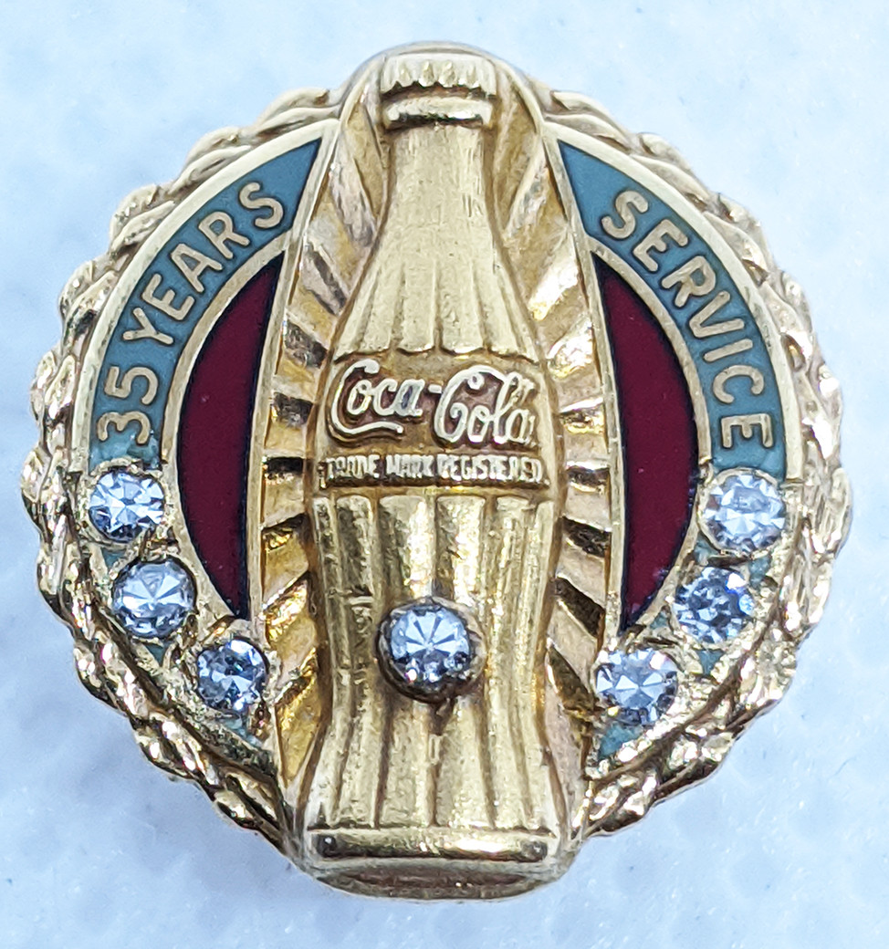 Scarce 1950's Coca Cola 35 Year Service Pin in 10K Gold by Dieges