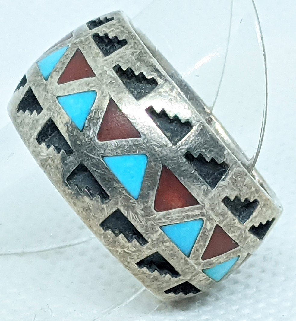 Lovely Heavy Vintage Silver & Turquoise & Coral Ring by Navajo