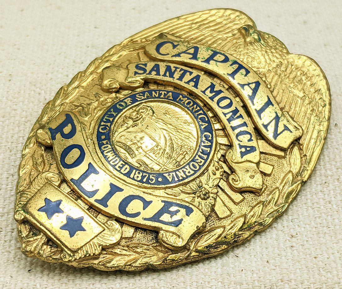 Beautiful Late 1940s Santa Monica CA Police Captain Badge in Shirt