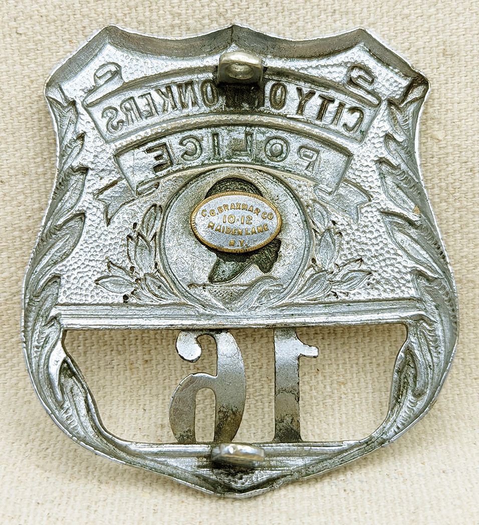 Great Ca 1922 3rd Issue City of Yonkers Police Patrolman Badge #16