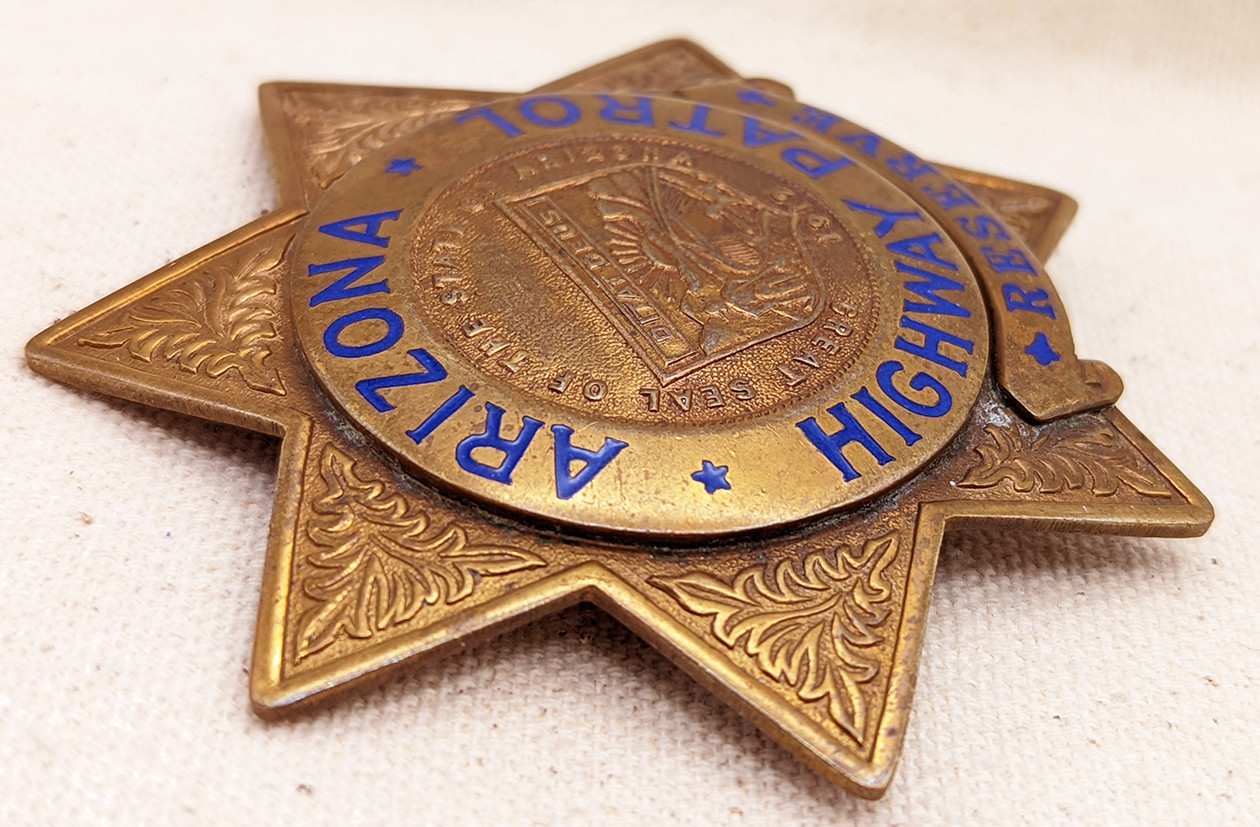 Great 1940s Arizona Highway Patrol Reserve Badge by LA Stamp & Staty