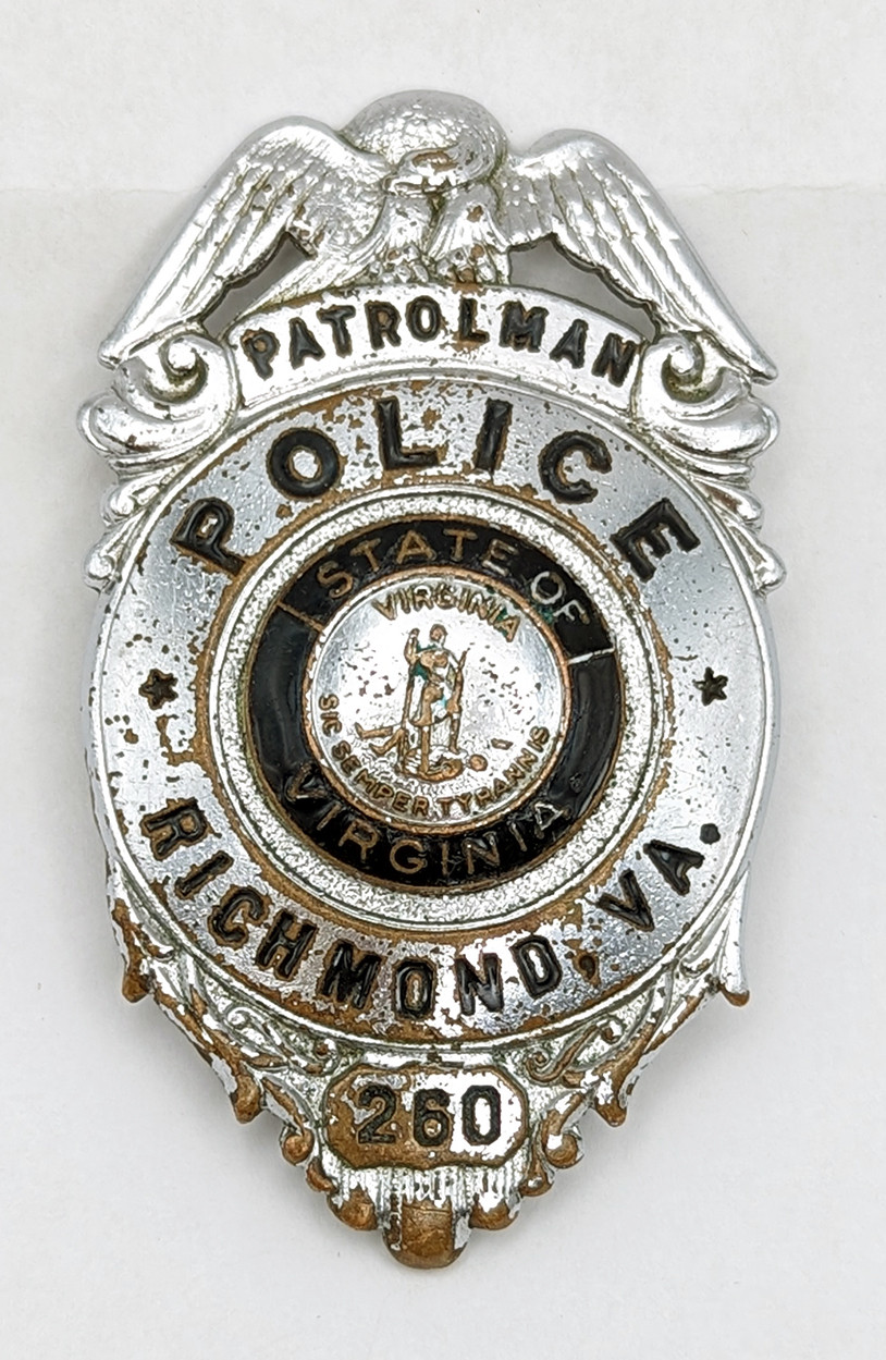 Great Old 1940s-50s Richmond VA Police Patrolman Badge #260 By S.H.Reese Australia