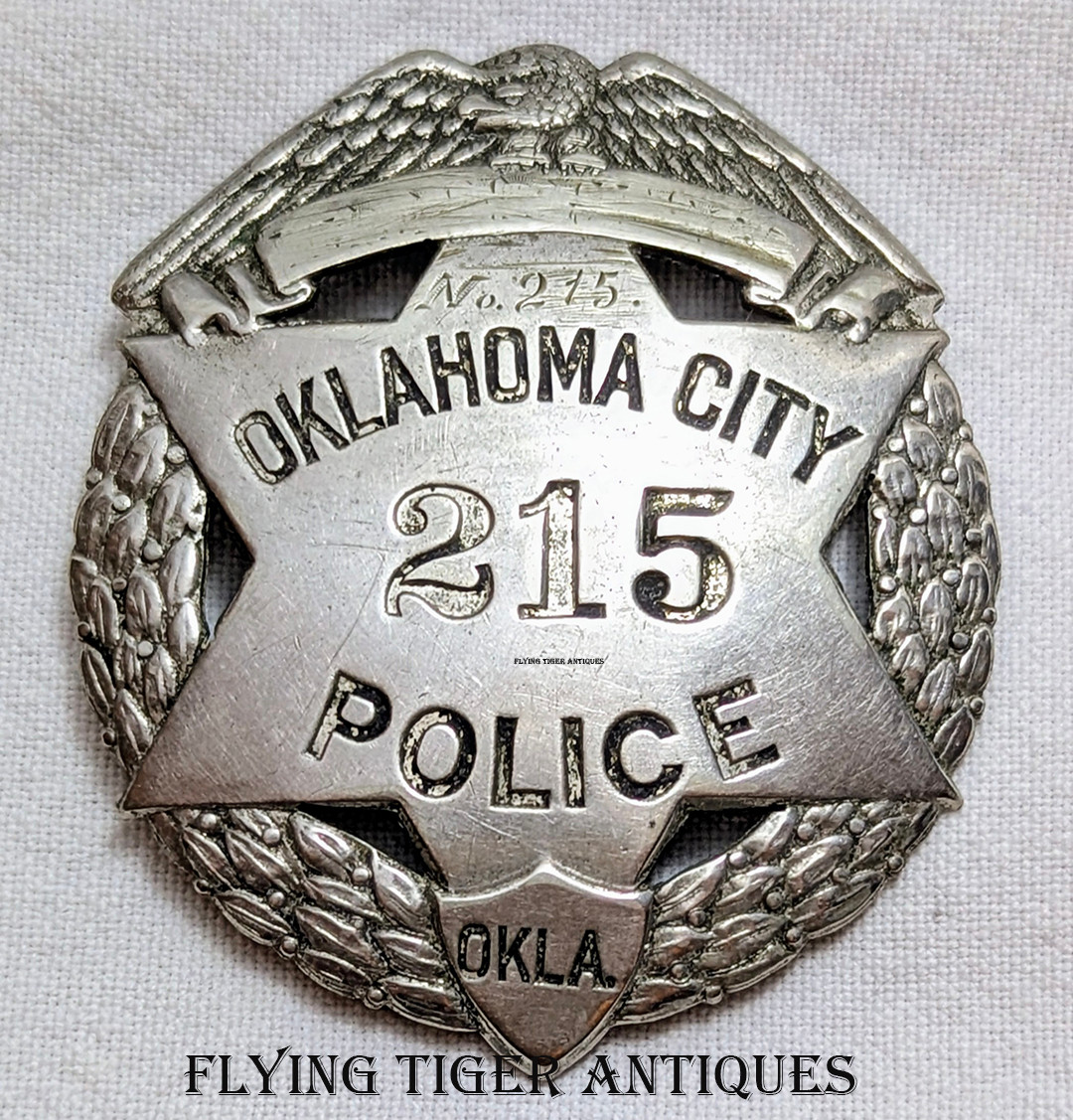 Rare 1920s Oklahoma City Police Badge # 215 in Nickel Plated Nickel