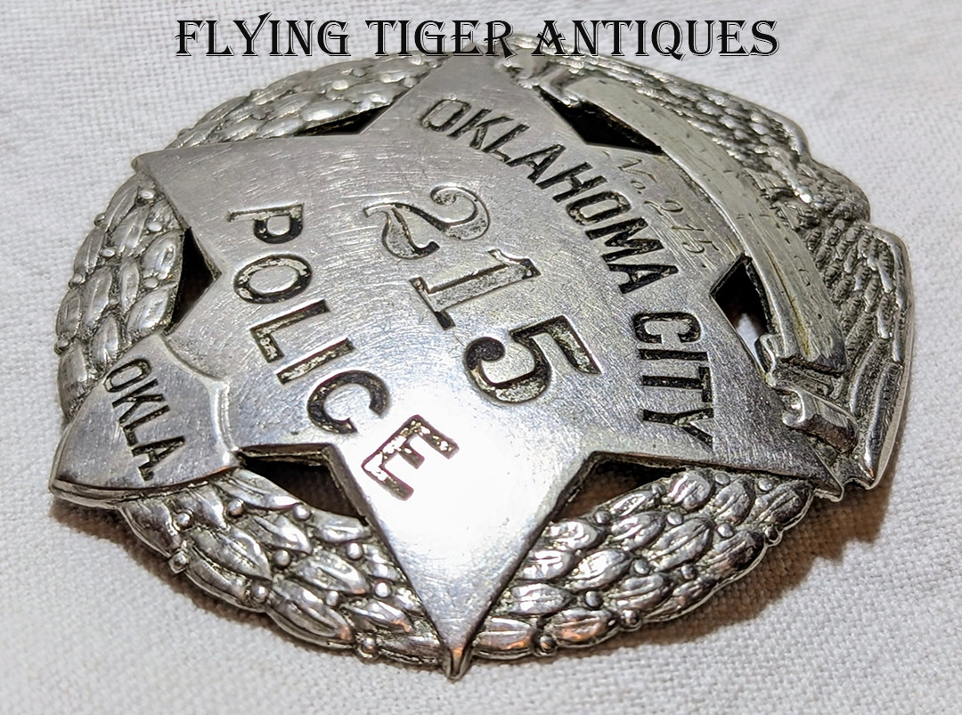 Rare 1920s Oklahoma City Police Badge # 215 in Nickel Plated Nickel
