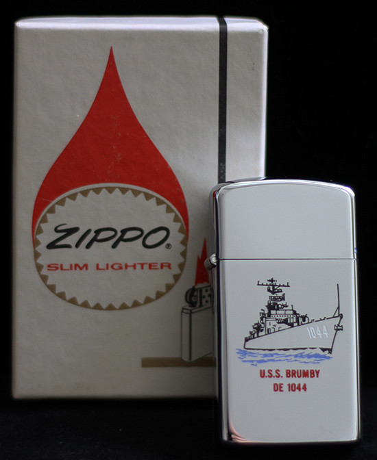 1970 Slim Zippo USN Ship Lighter for USS Brumby DE-1044. Near Mint
